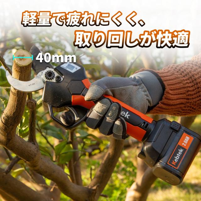 電動高枝切りバサミ☘️充電式 剪定ばさみ 40mm対応 伸縮ポール付 剪定 軽量 高枝切りポール付き、引金連動】Kebtek 高枝切り電動剪定鋏 21V 切断径