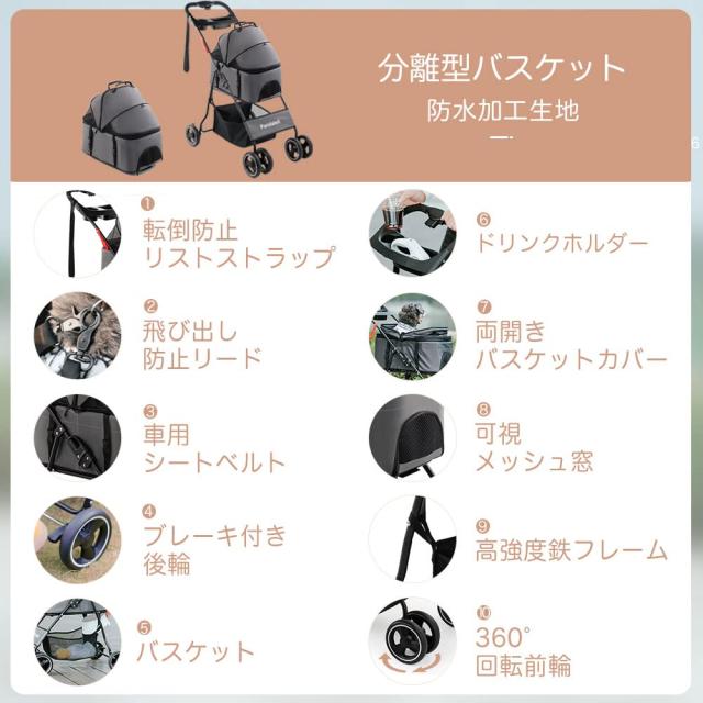 Pandaloli 愛玩動物手押し車 乳母車 犬 乳母車:小型犬 中型犬 猫 多頭 手押し車 4輪 軽さパウダーコンパクト 飛び出し押しとどめる先んじる2本付き添い人 前輪360°