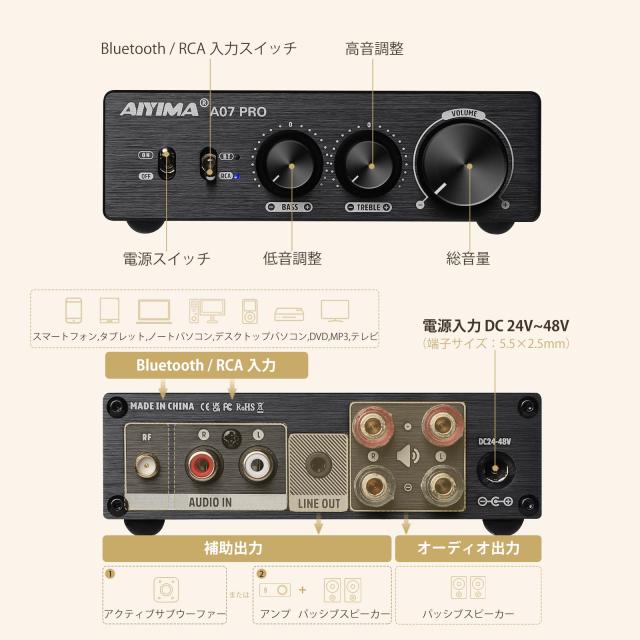 AIYIMA A07 PRO デスクトップアンプ TPA3255+QCC304X+N5532*5 Bluetooth 5.2 apt-x hd 300W*2 パワーアンプ Hifi AUDIO デスクトップアン_2