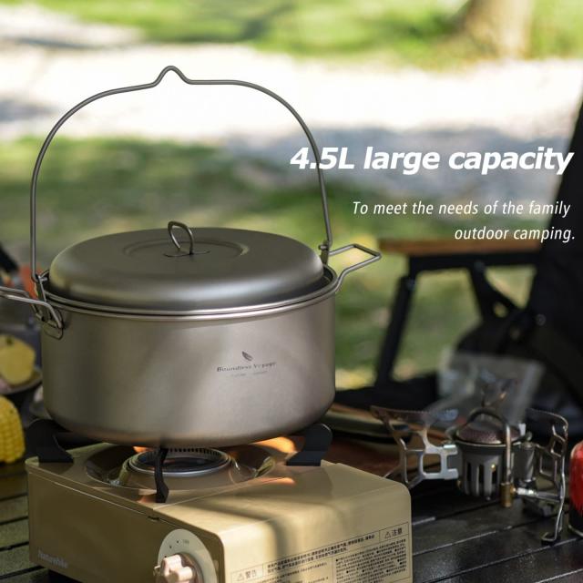 Boundless Voyage チタンクッカー 吊り鍋 4.5L 大容量 超軽量 蓋付き 折りたたみハンドル キャンプ吊り下げ鍋 直火 アウトドアクッカー