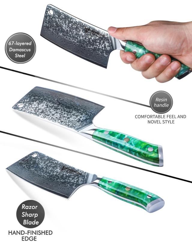 SANMUZUO Chopping Knife - 7 inch Cleaver Knife- Xuan Series - 67 Layers Damascus Steel Kitchen Knife - Resin Handle (Jade Green)_2