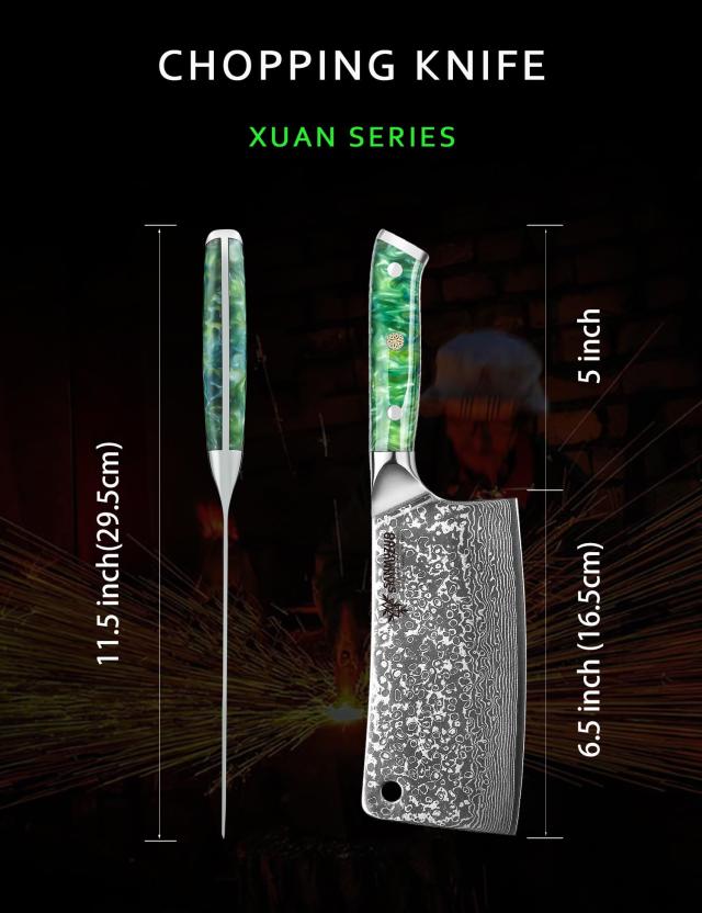 SANMUZUO Chopping Knife - 7 inch Cleaver Knife- Xuan Series - 67 Layers Damascus Steel Kitchen Knife - Resin Handle (Jade Green)_3