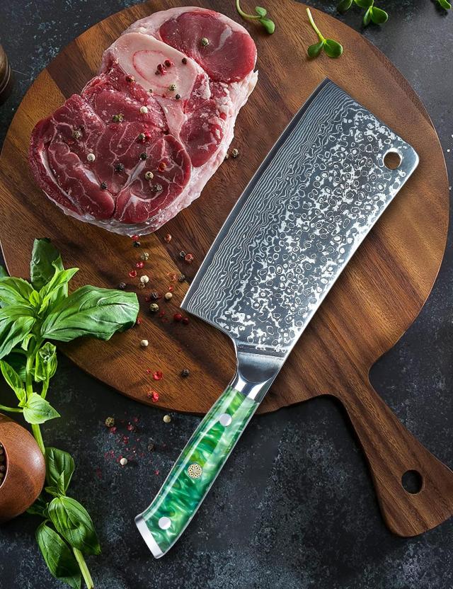 SANMUZUO Chopping Knife - 7 inch Cleaver Knife- Xuan Series - 67 Layers Damascus Steel Kitchen Knife - Resin Handle (Jade Green)_4