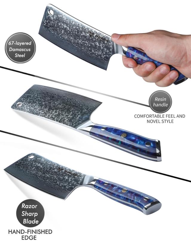 SANMUZUO Chopping Knife - 7 inch Cleaver Knife- Xuan Series - 67 Layers Damascus Steel Kitchen Knife - Resin Handle (Sapphire Bl_2