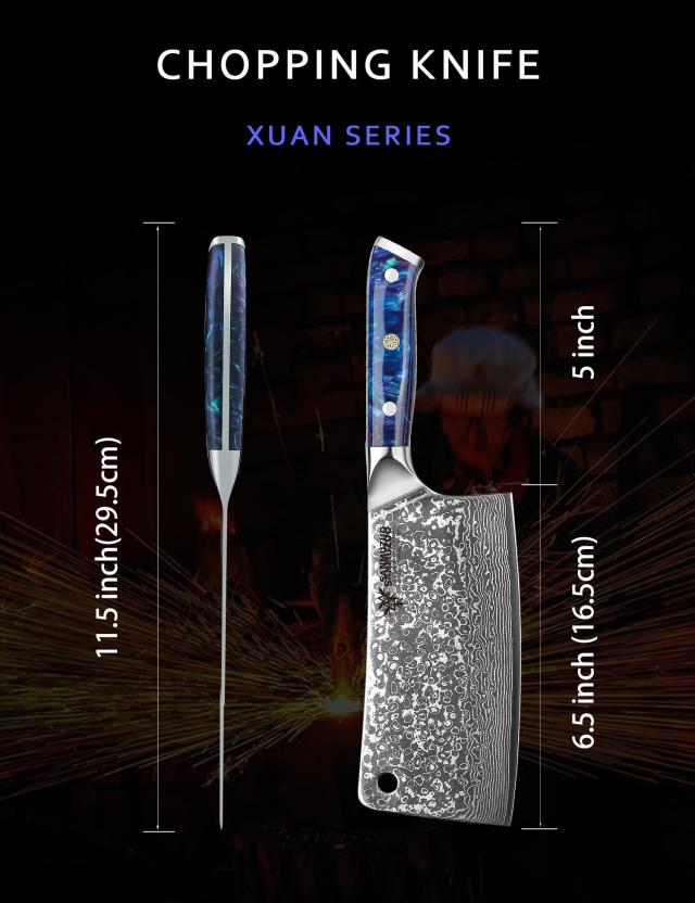 SANMUZUO Chopping Knife - 7 inch Cleaver Knife- Xuan Series - 67 Layers Damascus Steel Kitchen Knife - Resin Handle (Sapphire Bl_3