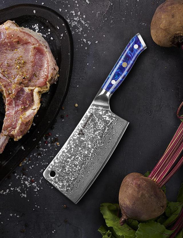 SANMUZUO Chopping Knife - 7 inch Cleaver Knife- Xuan Series - 67 Layers Damascus Steel Kitchen Knife - Resin Handle (Sapphire Bl_4