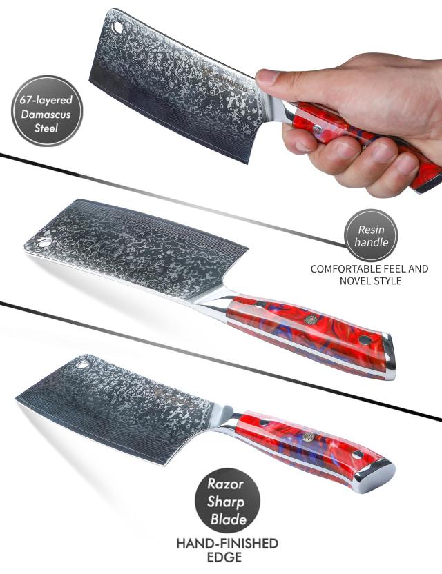 SANMUZUO Chopping Knife - 7 inch Cleaver Knife- Xuan Series - 67 Layers Damascus Steel Kitchen Knife - Resin Handle (Sunset Red)_2