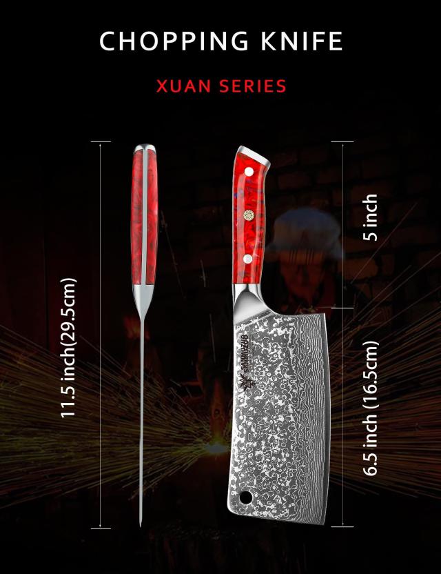 SANMUZUO Chopping Knife - 7 inch Cleaver Knife- Xuan Series - 67 Layers Damascus Steel Kitchen Knife - Resin Handle (Sunset Red)_3