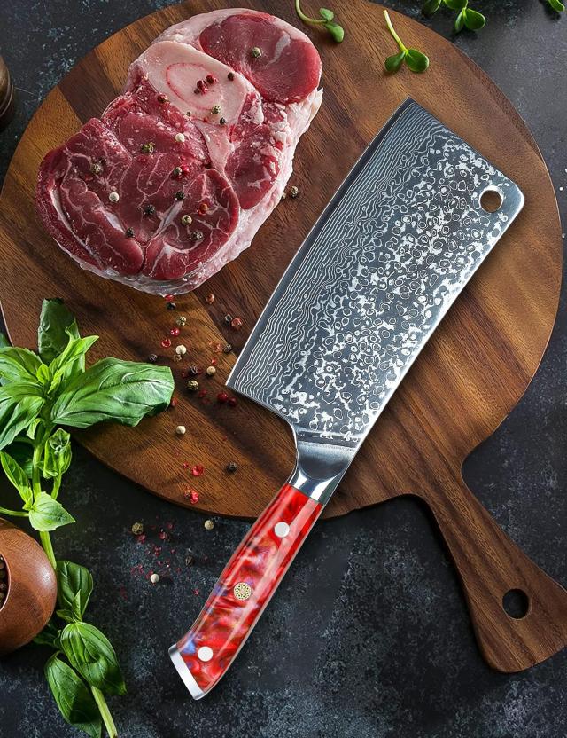 SANMUZUO Chopping Knife - 7 inch Cleaver Knife- Xuan Series - 67 Layers Damascus Steel Kitchen Knife - Resin Handle (Sunset Red)_4