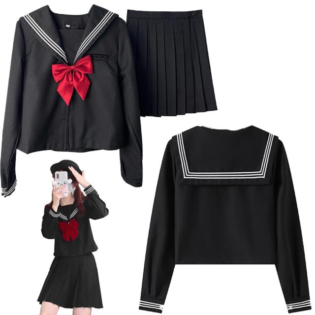 (City Sea Sky) セーラー服 長袖 三点セット 女子高校生 学生服 清純コスプレ ブラック 赤い蝶結び 学園祭 文化祭 City Sea Sky] セーラー服 長袖 3点セット 制服 スカート 赤いリボン