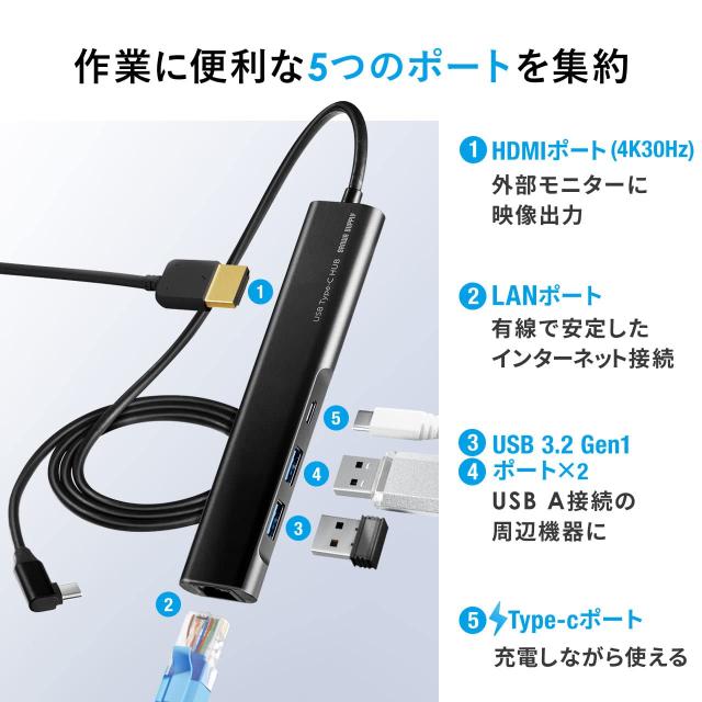 サンワダイレクト Type-C ドッキングステーション HDMI 4K PD 100W LAN Type-A×2 ケーブル長1m L字コネクタ Windows/mac 400-HUBC8BK_1