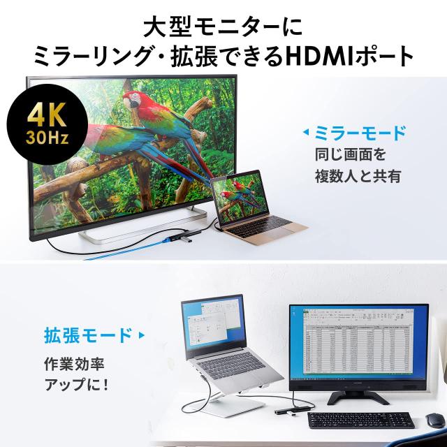サンワダイレクト Type-C ドッキングステーション HDMI 4K PD 100W LAN Type-A×2 ケーブル長1m L字コネクタ Windows/mac 400-HUBC8BK_4
