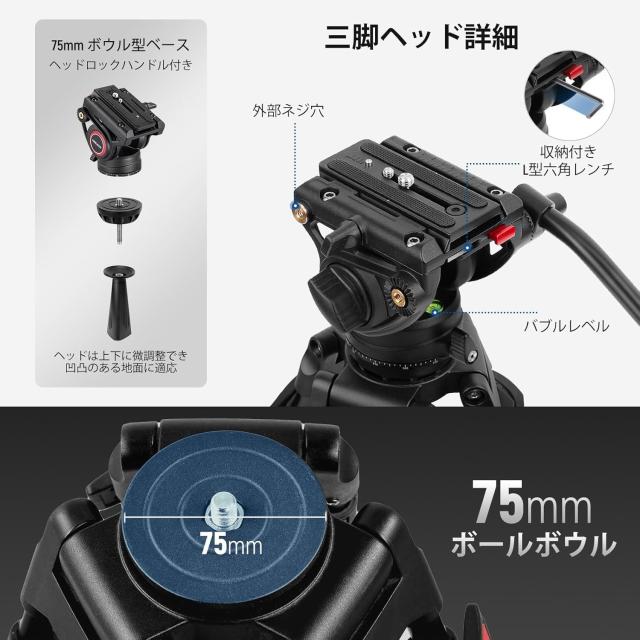 NEEWER ビデオ三脚 187cm ビデオ雲台 QRプレート付き DJI RS