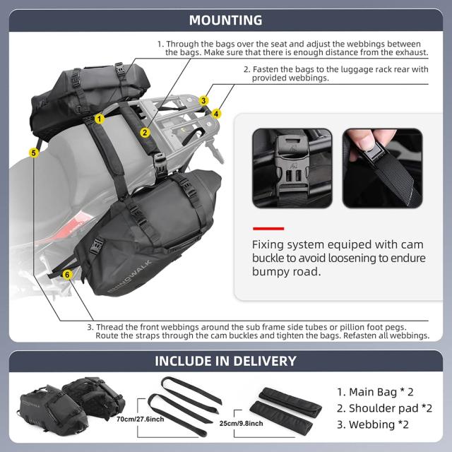 Rhinowalkオートバイのサドルバッグ防水防振モーターサイドバッグショルダーバッグモーターバイクのパニー48 l (24 l *2)ほとんどの冒険