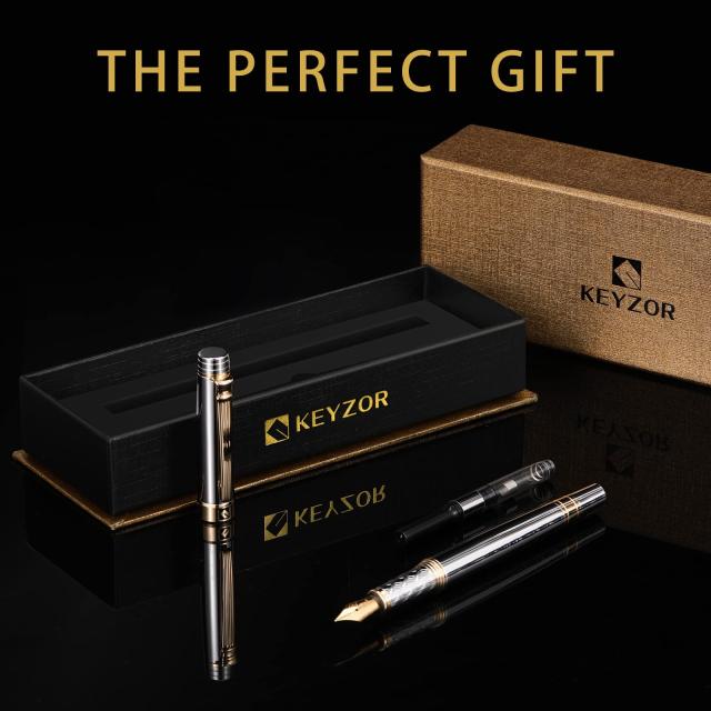 Keyzor 高級万年筆 - ファンシーなシ(シルバー)ペン 24K金メッキの細字