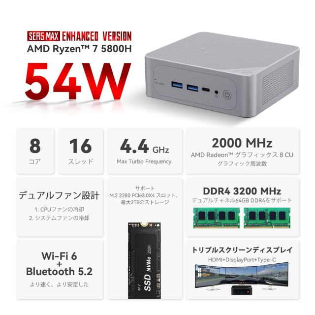 Beelink AMD Ryzen7 SER5 MAX 5800H ミニ PC、32GB DDR4 500GB SSD ミニコンピューター (最大 4.4 GHz) 8C/16T、WiFi 6、Bluetooth 5.2、