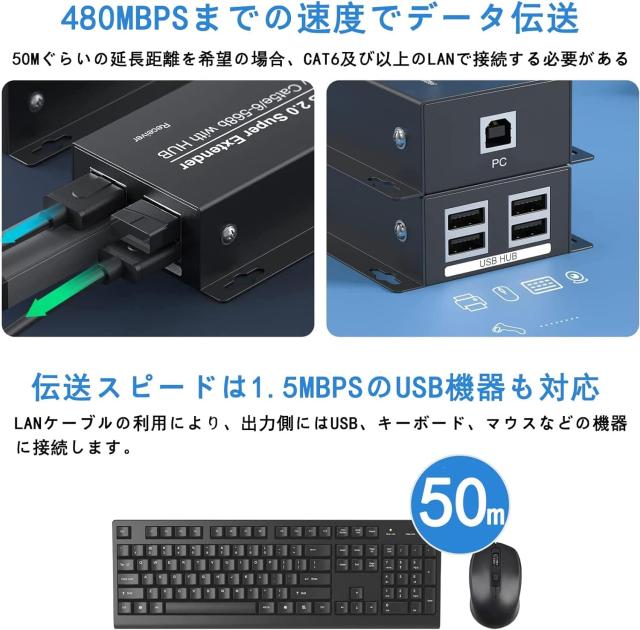 USB エクステンダー 50m 延長器 EX102 LAN 延長 USB ハブ 4出力 遠距離 延長 Yukidoke CAT5e CAT6 延長 4ポート Ethernet Extender 入力