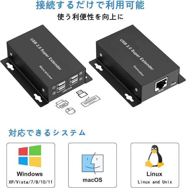 USB エクステンダー 50m 延長器 EX102 LAN 延長 USB ハブ 4出力 遠距離 延長 Yukidoke CAT5e CAT6 延長 4ポート Ethernet Extender 入力