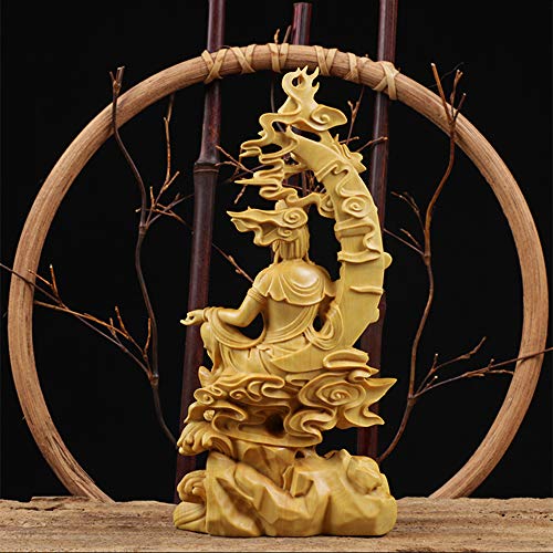 繁樓藝雕 仏像 観音像 仏壇仏像 水月観音 木彫り 置物 風水 開運 ツゲ製高級木彫り （高さ18cm×巾8.5cm×奥行4cm） (原木)