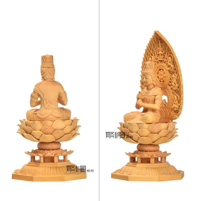繁樓藝雕 大日如来 仏像 真言宗 仏壇仏像 木彫り 柘植の木 飛天光背 蓮華台座 未年・申年 守り本尊（高さ17cm×巾8.5cm×奥行8.5cm） (原