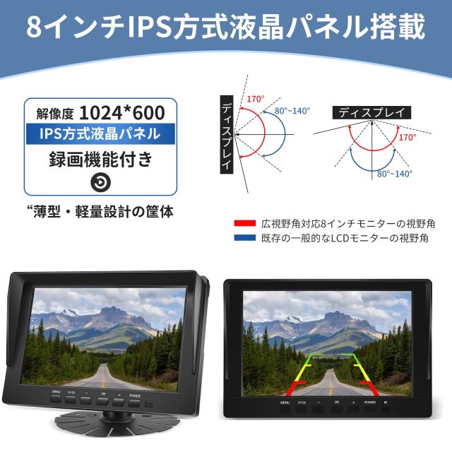 Hizenyo トラックカメラ2台搭載 バックカメラモニターセット 8インチバックモニター 24vバックカメラ 分割表示 ガイドライン 正像・鏡像_3