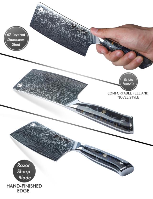 SANMUZUO Chopping Knife - 7 inch Cleaver Knife- Xuan Series - 67 Layers Damascus Steel Kitchen Knife - Resin Handle (Starry Blac_2
