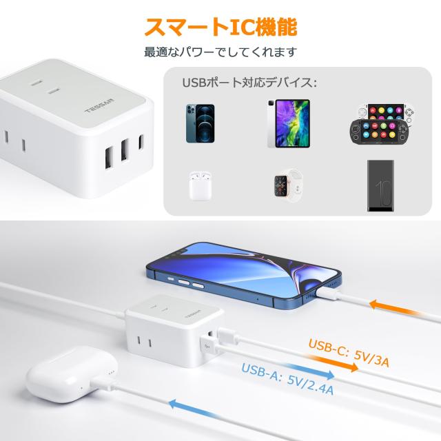 延長コード 3m TESSAN 電源タップ usb付き 蛸足コンセント テーブルタップ タコ足配線 マルチタップ OAタップ 9個AC口 3個USBポート 一括スイッチ付き 壁掛け/卓上に 1