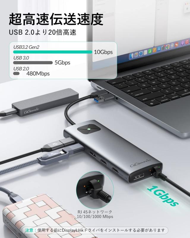 GiGimundo LK10 10-in-1 Type-C ドッキングステーション MacBook Air M1 M2対応 Displaylink対応 デュアル4 K 60 Hz出力 3xUSB3.2 Gen2 1_2