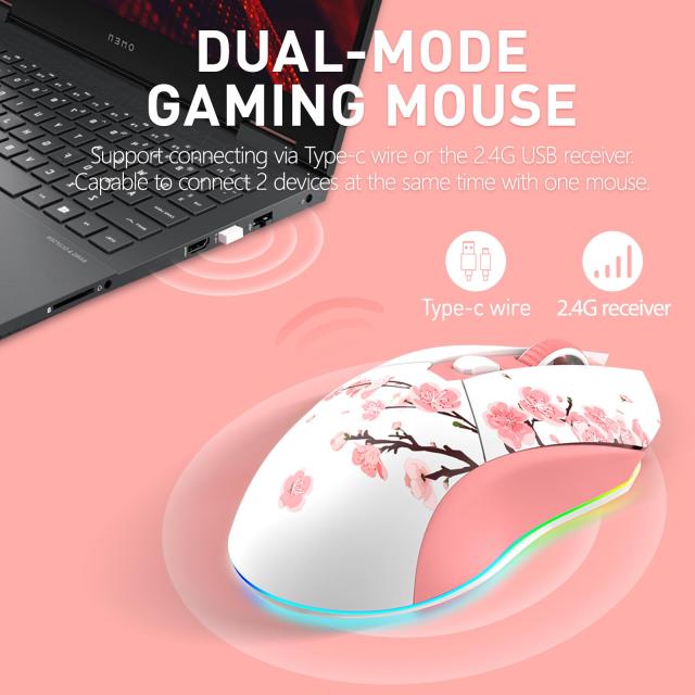 DAREU ゲーミングマウス 無線 桜色/ピンク ワイヤレス2.4G/有線USB接続可能 軽量85g 可愛いサクラ 人間工学 12000DPI 充電ドック付き プ_2