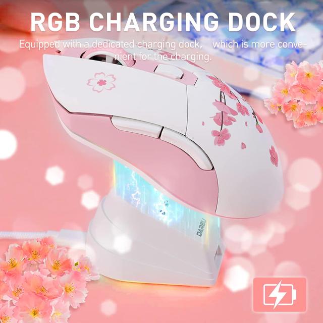 DAREU ゲーミングマウス 無線 桜色/ピンク ワイヤレス2.4G/有線USB接続可能 軽量85g 可愛いサクラ 人間工学 12000DPI 充電ドック付き プ_5