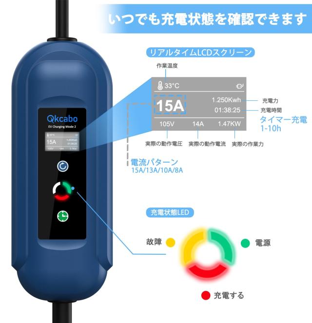 Qkcabo 100V 電気自動車 充電ケーブル EV 充電 用 ケーブル、100V-125V