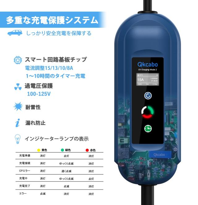 Qkcabo 100V 電気自動車 充電ケーブル EV 充電 用 ケーブル、100V-125V