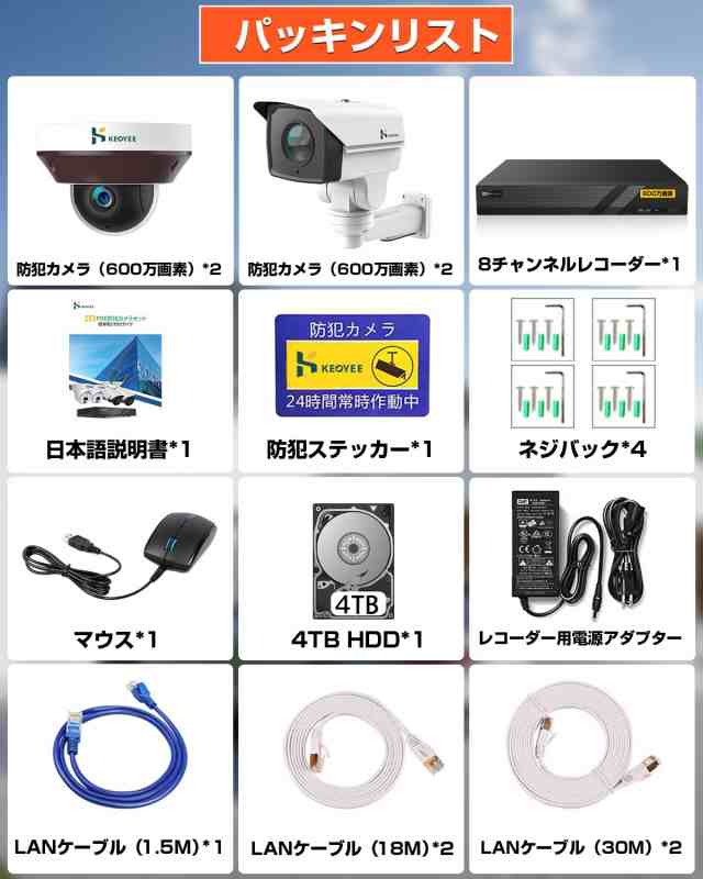 【光学10倍ズーム防犯カメラ】KEOYEE 600万画素 POE防犯カメラセット 360°全方位監視・4TB・PTZ首振り動体検知 監視カメラ 4台セット H.