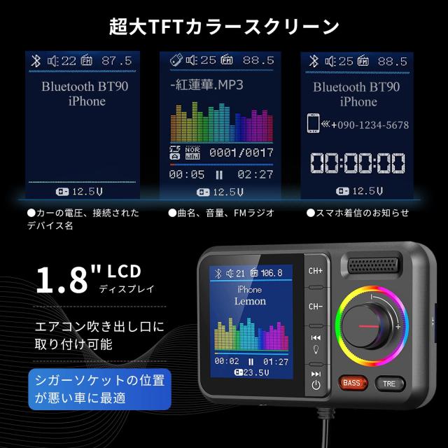 HUNDRUP FMトランスミッター Bluetooth5.0 QC3.0急速充電 2USBポート 
