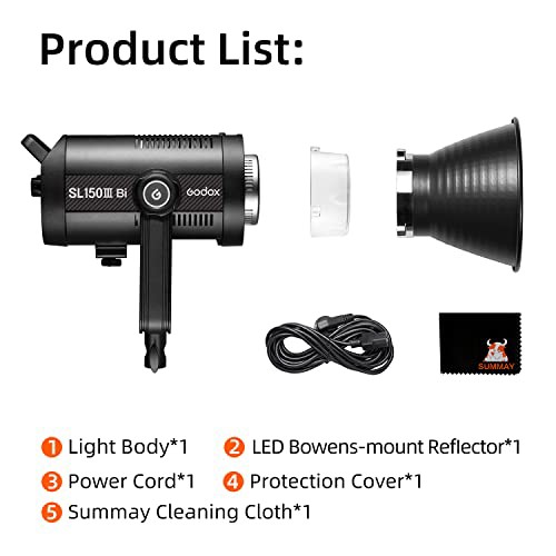 Godox SL150IIIBi 160W LED 連続出力照明、2800K-6500K デュアル色温度、CRI96 TLCI97、0%-100% 輝度調整、APP コントロール、Bowens マ