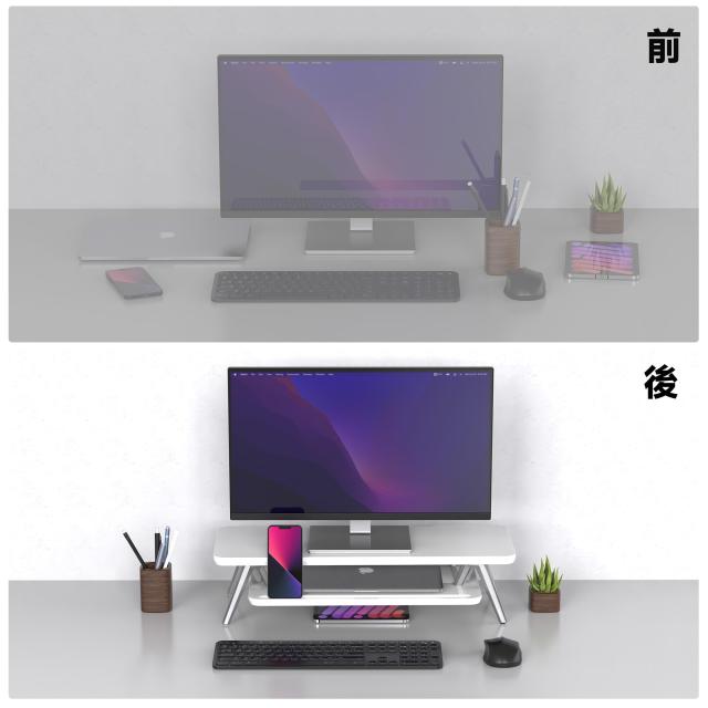 Fenge モニター台 卓上 机上台 パソコン台 机上ラック 60cm横幅 2段 パソコンスタンド木製天板 アルミニウム製脚 デスクトップ用 机上 モ_3