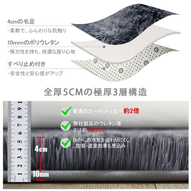 ラグマット カーペット 洗えるラグ 200x250cm 北欧風シャギーラグ ふわっとした手触り 防音絨毯 厚手じゅうたん 滑り止め付き オールシー_2