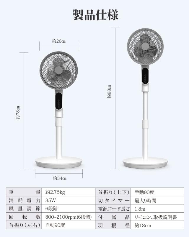 扇風機 サーキュレーター 兼用【2024新登場＆節電対策】風量6段階調節 扇風機 静音 せんぷうき扇風機 リビング 首振り リモコン付き さー_6