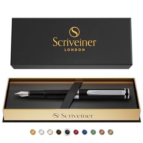 Scriveiner 高級 EDC 万年筆（細字） 華やか マットブラック ポケット ペン 2クローム仕上げ Schmidt ドイツ製ペン先 コンバーター 最高