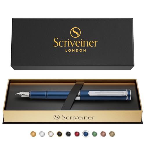 Scriveiner 高級 EDC 万年筆（中字）、すてきななマットブルーのポケットペン、クローム仕上げ、シュミット社製ペン先、コンバーター、最