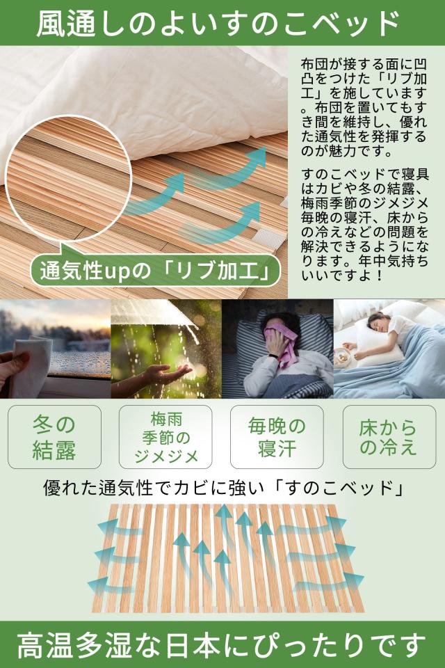 喜之木 すのこベッド 折りたたみ セミダブル スノコベッド ロール式 すのこマット ベッドフレーム 布団すのこ 国産杉 通気 滑り止め_2