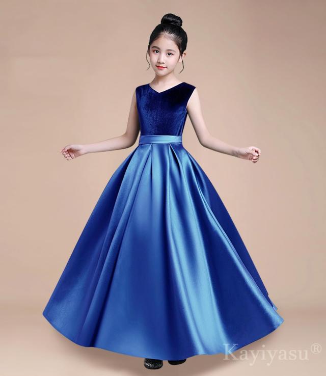 Kayiyasu] 子供 ロング ドレス ピアノ 発表会 Vネック サテン