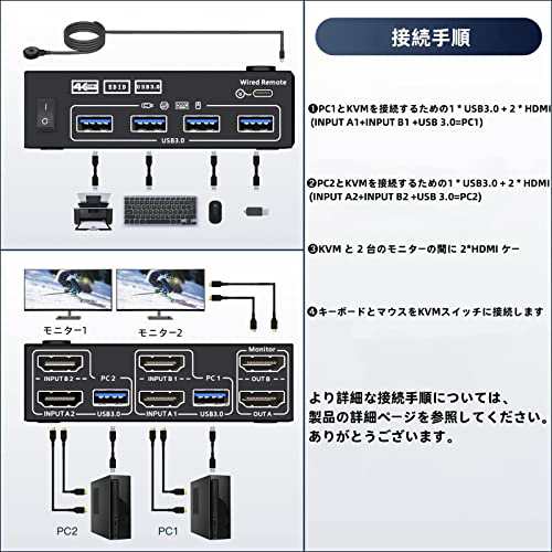 デュアル モニター HDMI KVM 切替器 4K@60Hz 2ポート拡張ディスプレイ USB3.0 KVM HDMIスイッチ2PC 2モニター共有  マウス キーボード (外の通販はau PAY マーケット - libra shop | au PAY マーケット－通販サイト
