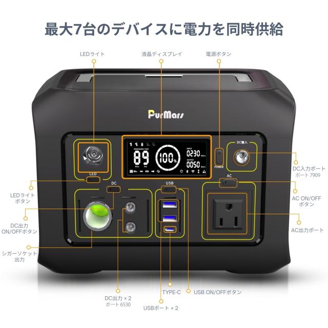 PurMars ポータブル電源 300 w (600 w ピーク)、288Wh (90,000mAh