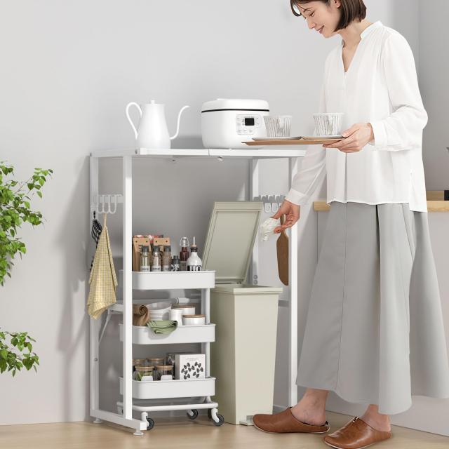 Holdm ゴミ箱上ラック レンジラック スチール 伸縮 40-60×奥行40×高さ86.5cm 耐荷重25？ フック8個付 アジャスター付き レンジ台ラック_7