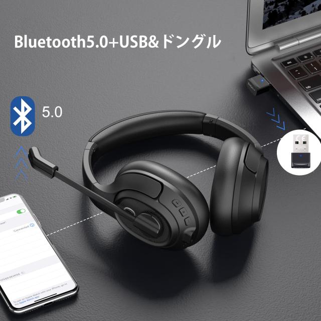 EKSA H6 業務用 ワイヤレスヘッドセット Bluetooth ヘッドセット USBドングル付属 通話ノイズリダクション 単一指向性 マイク搭載 オフィ