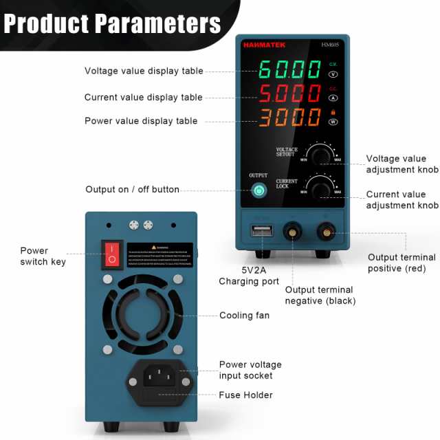 HANMATEK 可変直流安定化電源 DC電源 （0-60V 0-5A）電圧＆電流安定電源 低騒音高精度 自動切替 スイッチング電源  学校の実験室と電気のの通販は新作登場