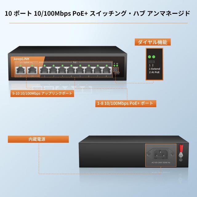 keepLiNK 10ポート PoE スイッチングハブ 10/100Mbps (8ポートPoE+ 120W) 静音ファンレス 金属筐体 省電力設計_1