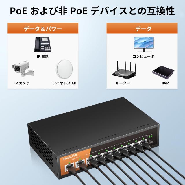 keepLiNK 10ポート PoE スイッチングハブ 10/100Mbps (8ポートPoE+ 120W) 静音ファンレス 金属筐体 省電力設計_4
