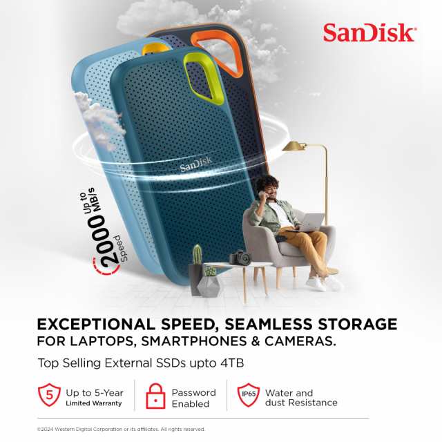 SanDisk (サンディスク) 2TB エクストリーム ポータブル SSD - 最大1050MB/秒、USB-C、USB 3.2 Gen 2、IP65 防水・防塵、アップデートさ